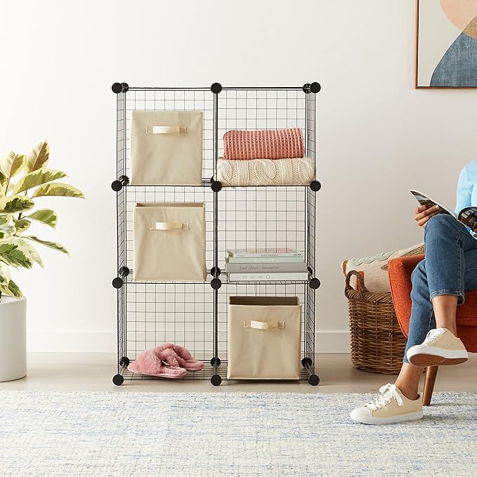 Amazon Basics 6 Cube Wire Grid Storage Organizer, Stackable Cubes, Cubby