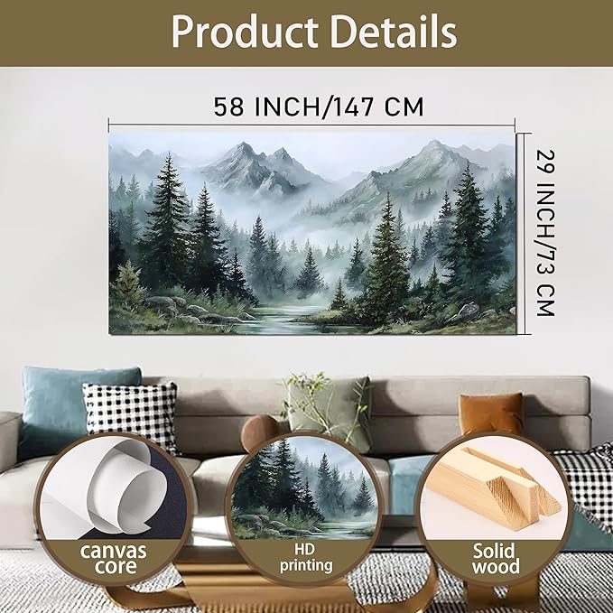 Tarfupth Large Misty Forest Wall Art for Living Room Green Nature Mountain Landscape Canvas Artwork with Trees and River Nature Art for Bedroom Office Home Decor 29x58 Inch