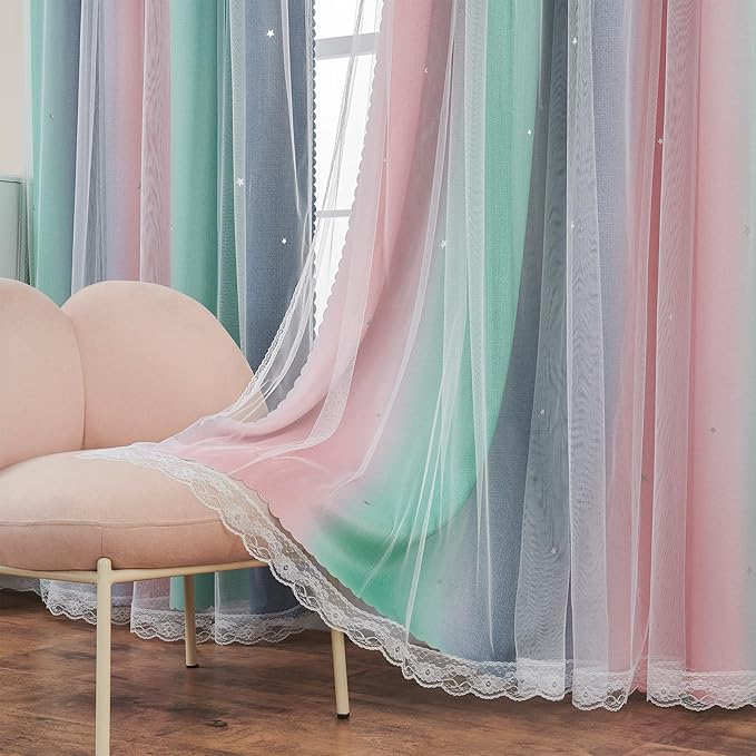 XiDi Curtains for Bedroom Decor, Rainbow Pinkgreen grey34/90