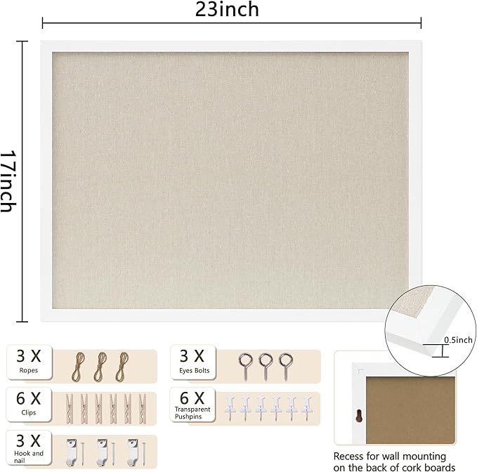 DAHAPYBOO Cork Board with Linen White, Bulletin Board 23"x17" Hanging Corkboards