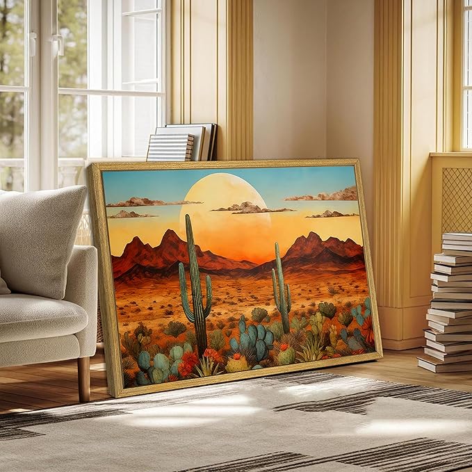 Framed Western Desert Sunset Cactus Wall Art, Vintage Southwest Nature