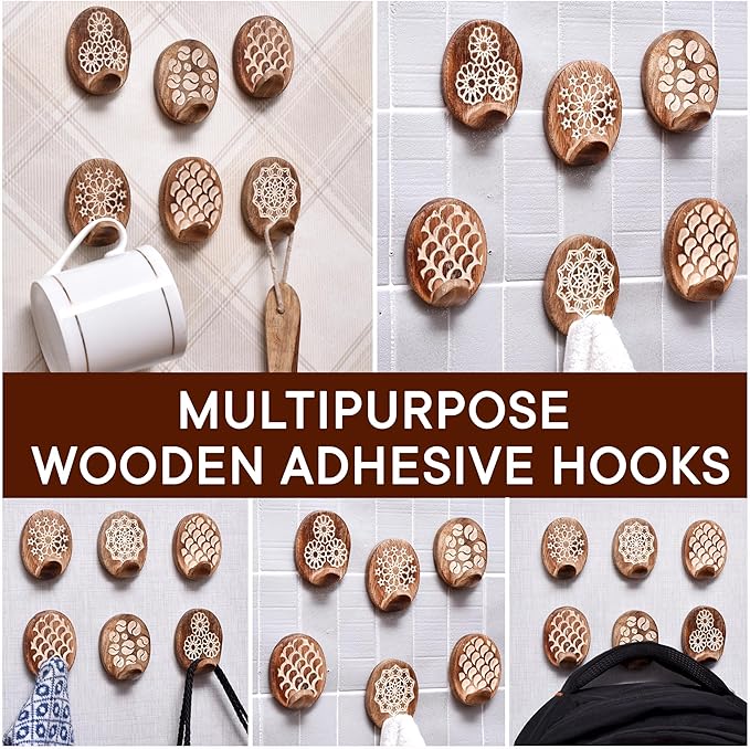 Indian Shelf 6 Lb Decorative Wood Adhesive Wall Hooks–Boho Peel and Stick Hooks