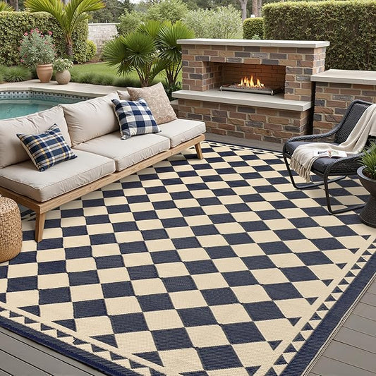 HUGEAR Outdoor Rug for Patios Clearance,Waterproof Mat,Large Outside Carpet,Reversible Plastic Straw Camping Rugs,Rv,Porch,Deck,Camper,Balcony,Backyard (9x12,Checkered/Black&Beige)