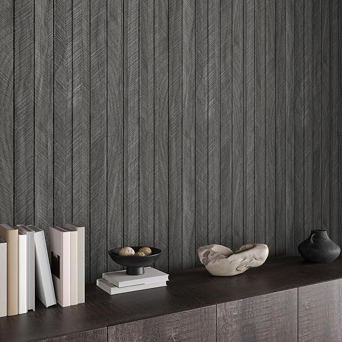 CHIHUT Charcoal Wood Panels for Wall 12"x79" Sound Absorbing Herringbone Wood