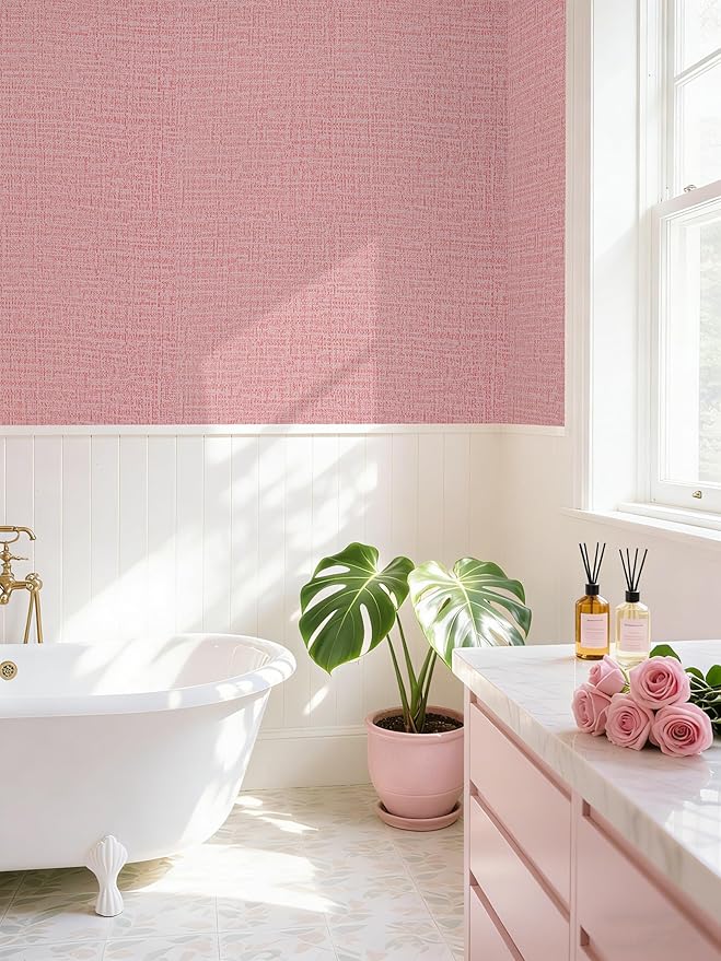 Guvana Grasscloth Peel and Stick Wallpaper Pink Textured Contact Paper Modern