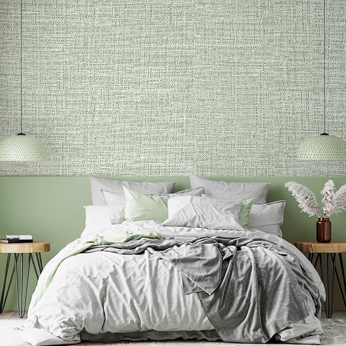 Green Grasscloth Peel and Stick Wallpaper 17.3"x300" Faux Linen Textured