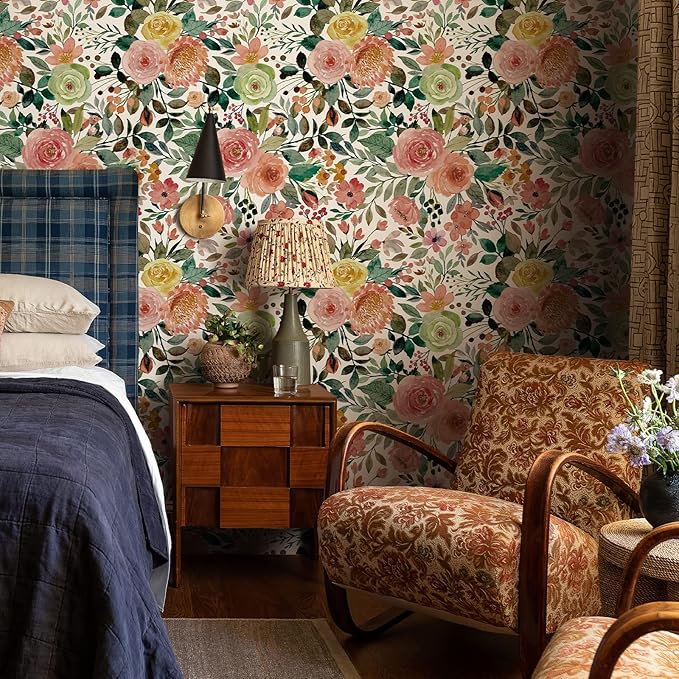 JiffDiff Floral Wallpaper Peel and Stick Pink Floral Wall Mural Removable Peony