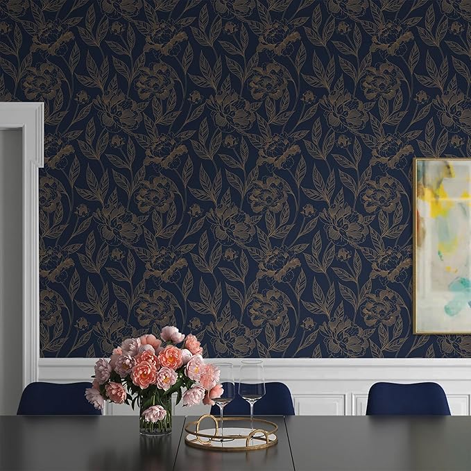 Timeet Peel and Stick Wallpaper Gold and Blue Floral Wall Paper