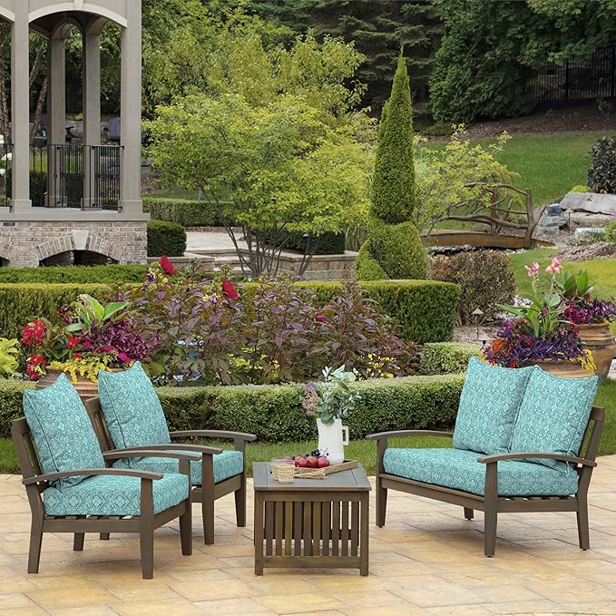 Arden Outdoor Foam Deep Seat Cushion Set (2-Pack), 24x24, Premium High-Density Foam, Never Flattens, Weather-Proof for Patio Chair Sofa Couch, Turquoise Daphne Medallion