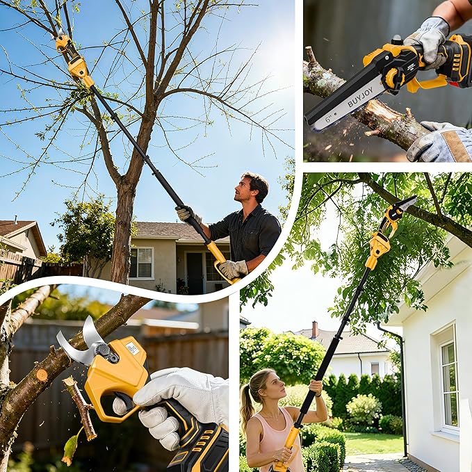 4-in-1 Pole Saw & Electric Pruning Shears, 1.4" Cutting Diameter Cordless Pruner, 6 Inch Chainsaw for Tree Trimming, 9.5ft Max Extension Pole, 2 x 4.0Ah Batteries, Battery Powered Pole Saw for Garden