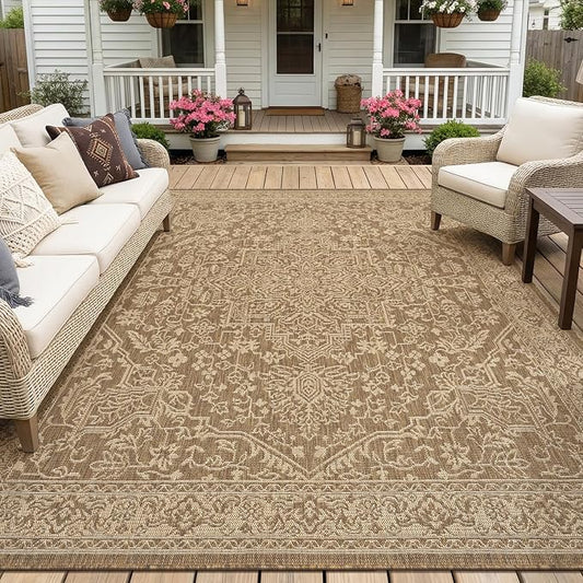 MontVoo-Outdoor Rug-Patio Rug 8x10 Polypropylene Indoor Outdoor Rugs Carpet for Patio Deck Balcony Porch, Textured Weave, Durable for High Traffic, Fade-Resistant, Vintage Medallion Neutral Brown