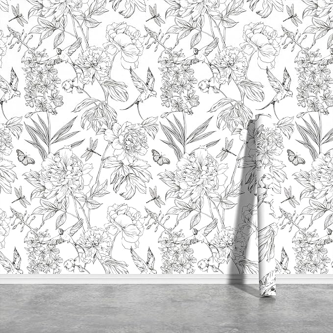 JiffDiff White and Black Wallpaper Peel and Stick Sketched Peony Floral