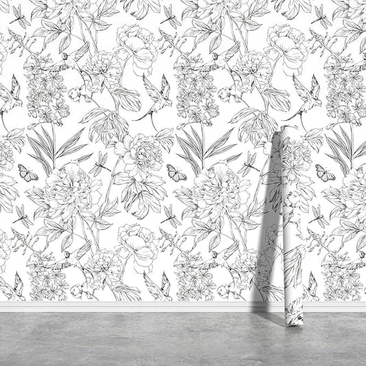 JiffDiff White and Black Wallpaper Peel and Stick Sketched Peony Floral
