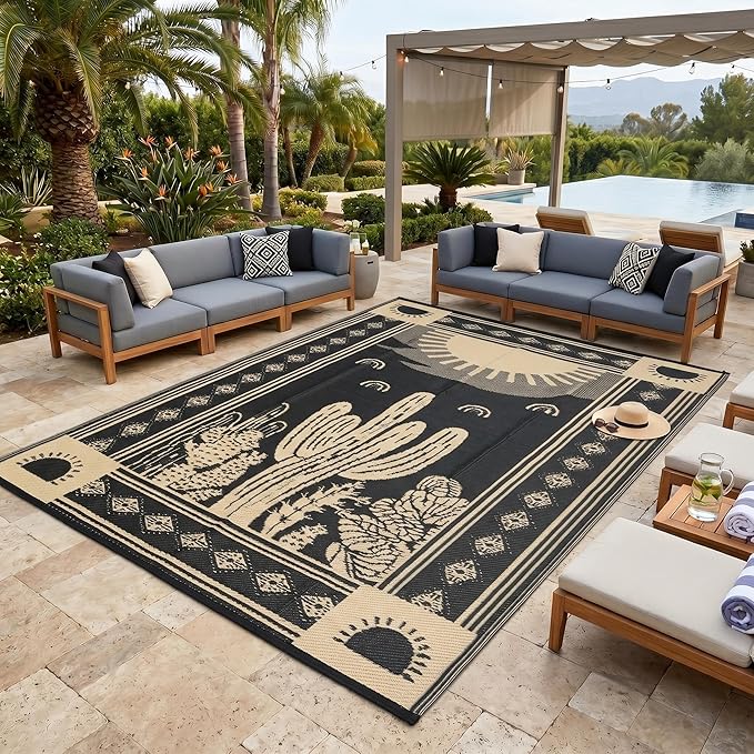 Garvee Reversible Cactus Outdoor Rug 8x10 for Patio, Waterproof Outdoor Area Rug, Modern Desert Botanical Indoor Outdoor Rugs, Plastic Straw Rug for RV, Camping, Deck, Black & Brown