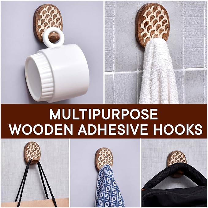 IndianShelf 6 Lb- 24 Pieces Decorative Wood Adhesive Wall Hooks–Boho Peel and