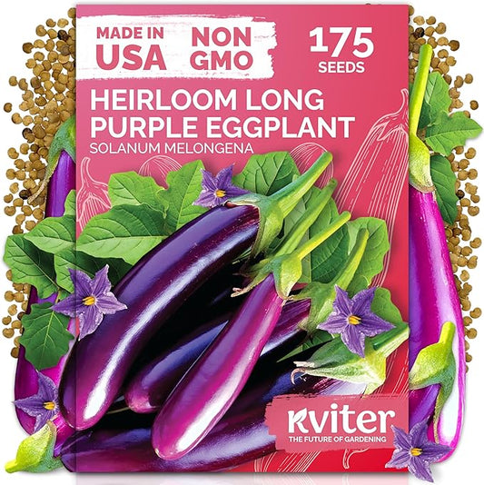 KVITER 175 Long Purple Eggplant Seeds (Solanum melongena) â Asian Eggplant, Dark Purple Italian Egg Plant Seed Packets â Heirloom Vegetable Seeds for Planting Outdoors & Indoor Garden, Containers Beds