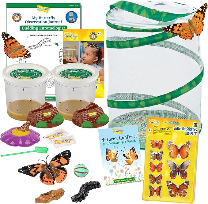 Insect Lore Butterfly Garden Kit with Live Caterpillars â Grow 10 Painted Lady Butterflies | STEM Learning Activity, Habitat with Journal, Stickers, Seeds & Figurines | As Seen on TV