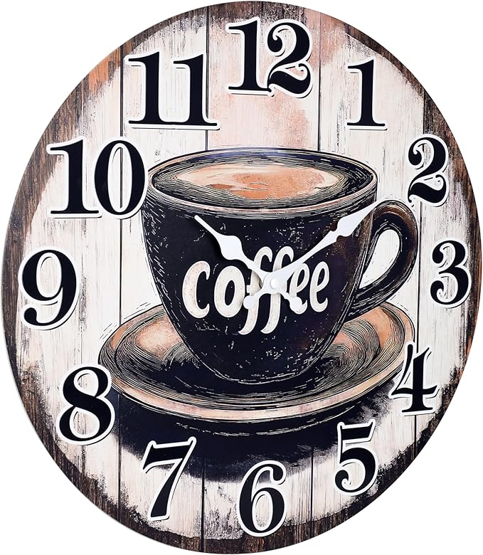 Large Kitchen Clock Decor, Decorative Coffee Wall Clocks Battery Operated