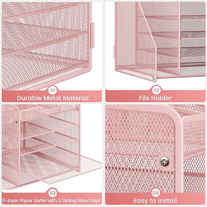 Lavatino Desk Organizer, 5-Tier Metal Mesh Paper Letter Tray with File Holder & 7 Flexible Dividers for Office or Home Desk Organizers and Accessories, Keep Workspace Supplies Neat & Organized, Pink