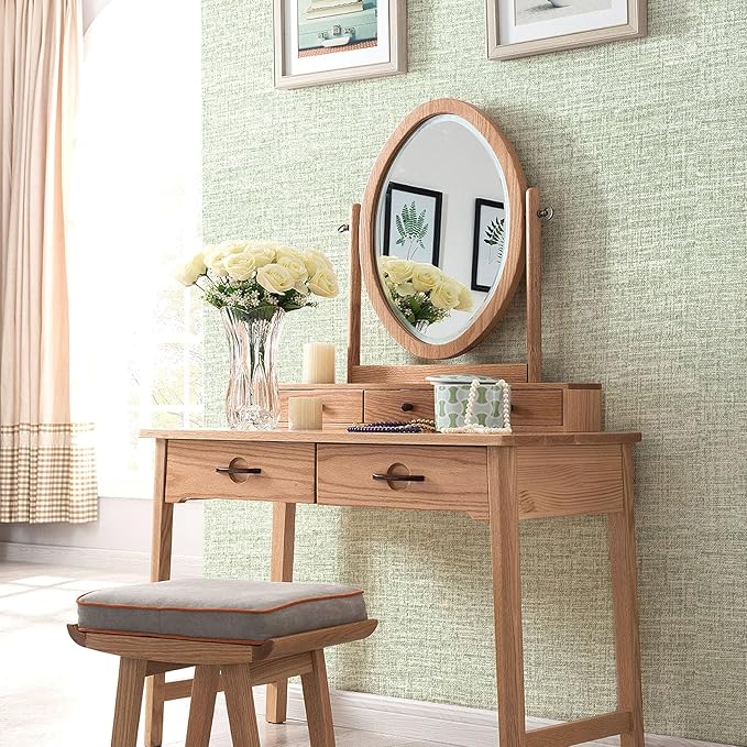 Amiya Grasscloth Wallpaper 17.3"x80" Sage Green Peel and Stick Faux Fabric
