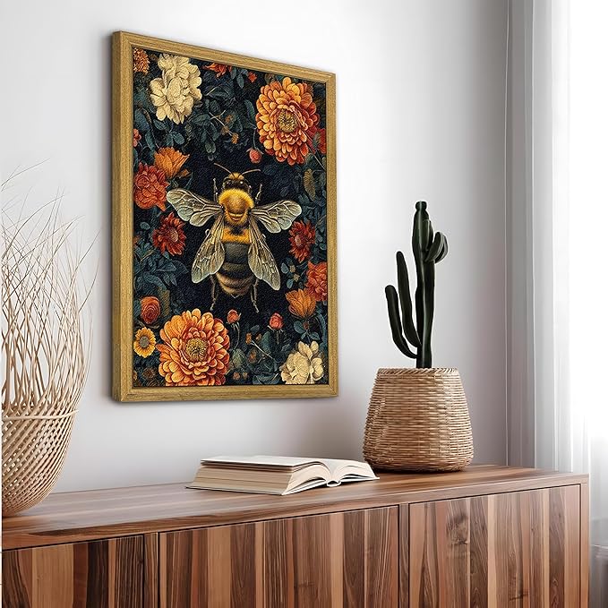 Framed Hand Drawn Sandstone Bee Wall Art, 3D Textured Nature Botanical Wall