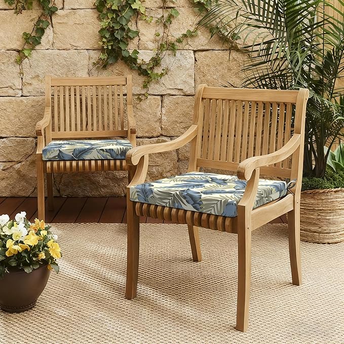 LVTXIII Outdoor Seat Cushions Seasonal Replacement Chair Cushions, Patio Chair Pads with Ties for Dining Chairs and Garden Furniture, Square Back, 19"x19"x2", 4 Pack, ‌Lush Palm Blue