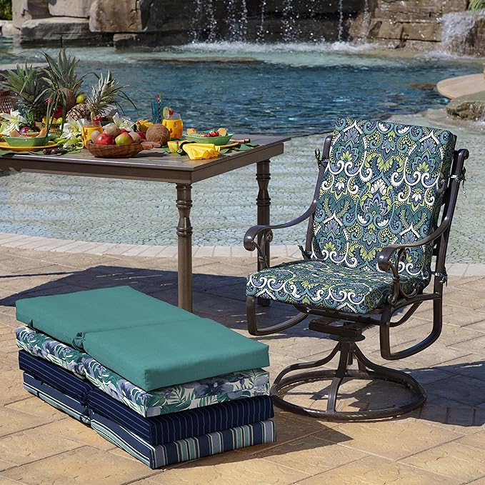 Arden Foam Outdoor Dining Chair Cushion, 20 x 44, Premium High-Density Foam, Never Flattens, Weather-Proof for Outdoor Chairs, Sapphire Aurora Blue Damask