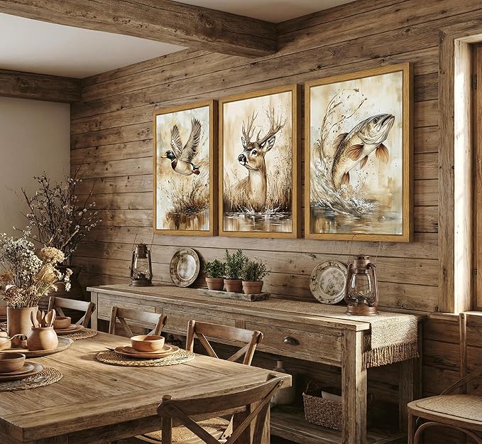 3Pcs Framed Rustic Outdoor Wildlife Canvas Wall Art,Watercolor Deer Duck And Fish Wall Decor Pictures,Vintage Farmhouse Hunting Posters Prints,for Living Room Bathroom Kitche Home Decoration