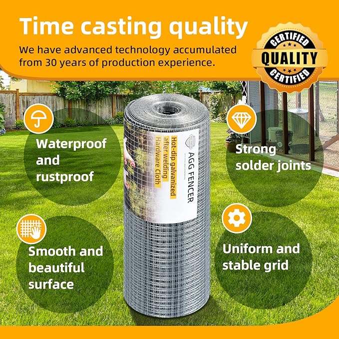 36inch x 50ft Hardware Cloth 1/2 inch Chicken Wire Fencing 19Ga, Hot Dipped Galvanized After Welding Garden Plant Supports Welded Metal Chicken Wire Fence, Poultry Animal Netting Cage Screen