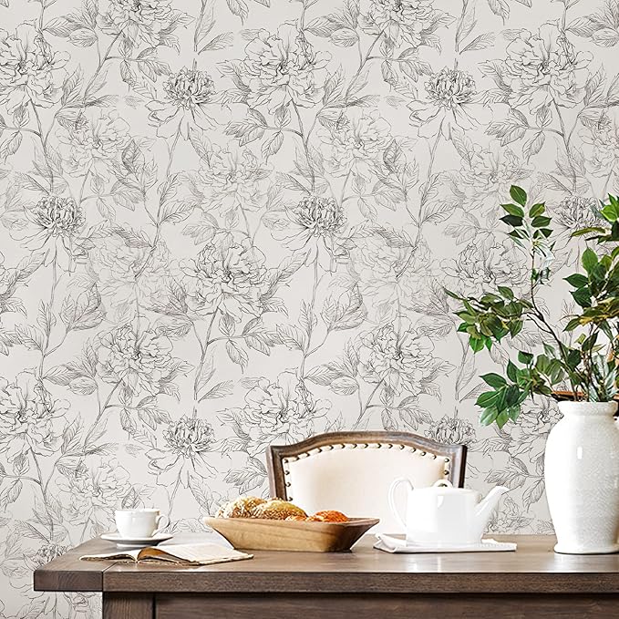 JiffDiff Black and White Floral Wallpaper Peonies Removable Peel and Stick
