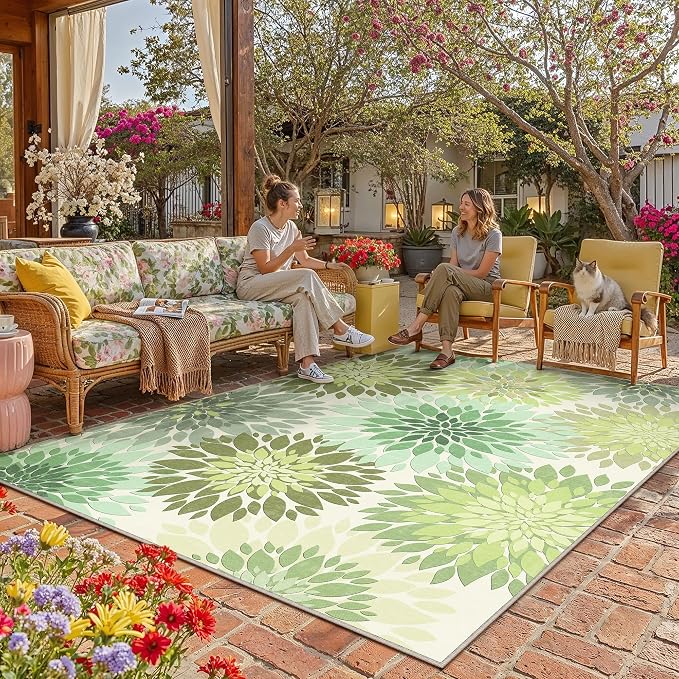 6x9 Indoor Outdoor Area Rug Washable Patio Rug Green Non Slip Non Shedding Waterproof Carpet for Living Room Bedroom Porch Backyard Deck Balcony RV Camping Garden Picnic