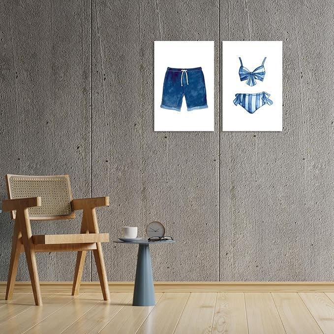 Liyark Set of 2 Retro Navy Blue And White Swimsuit Art Posters Beach Bathing