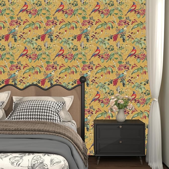 Yellow Boho Wallpaper Peel and Stick, Vintage Floral Bird Contact Paper