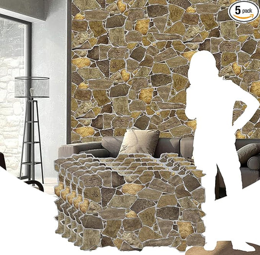 Dundee Deco 3D Wall Panels Faux Stone PVC Brown, 3.2 ft X 2.1 ft, Interior