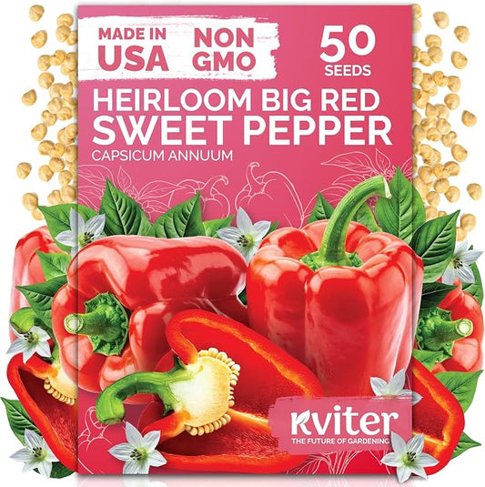 KVITER 50 Big Red Bell Pepper Seeds (Capsicum annuum) â Large Sweet Peppers Seed Packets, Sweet Red Pepper Vegetable Garden â Heirloom Vegetable Seeds Outdoor &, Indoor Garden Containers
