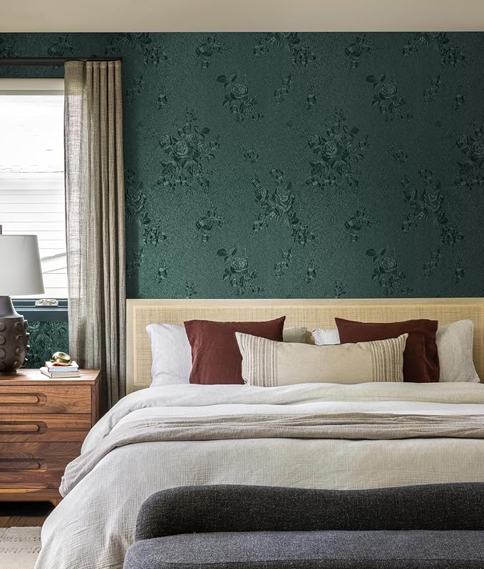 Erfoni 394"x17.7" Dark Green Floral Embossed Wallpaper