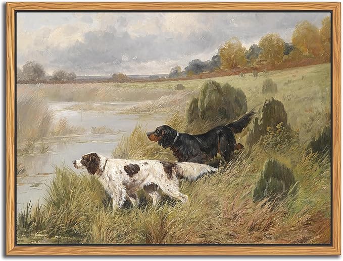 Floating Framed Vintage Hunting Dog Wall Art, Classic Countryside Landscape