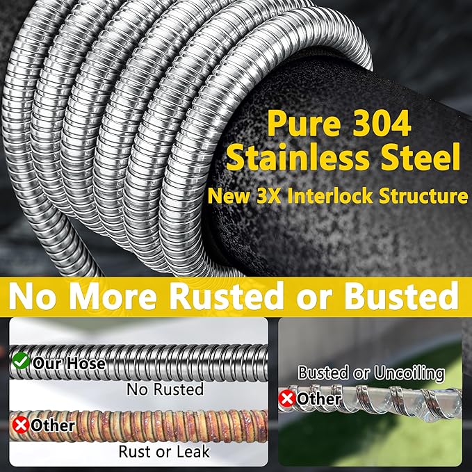 50 ft Stainless Steel Garden Hose - 2026 New Upgraded Metal Water hose - Flexible Water Hoses Pipes with Latex Core, 3/4" Solid Brass Connector - No-Expandable Watering Garden Hoses