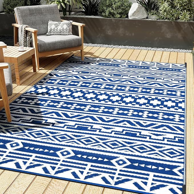 HUGEAR Outdoor Plastic Straw Rug, Waterproof Outdoor Rugs for Patios Clearance, Reversible Area Rug, Large Outside Carpet for Camping, Balcony, RV, Deck, Picnic, Beach 5x8ft Geometric Boho Blue&White