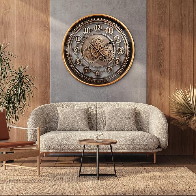 24 Inch Wall Clock with Moving Gears Large Industrial Steampunk Metal Clock