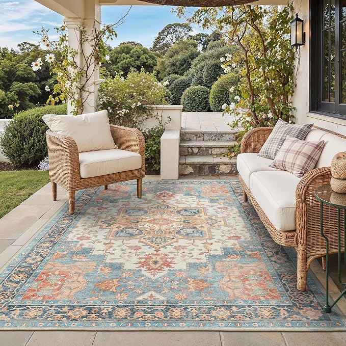 GENIMO Outdoor & Indoor Area Rug 5'x8', Waterproof, Non-Shedding, Easy Cleaning, Boho Mat for Patio, Living Room, Balcony, Dining Room, RV, Deck, Bedroom, Camping, Outside Carpet,Blue Salmon