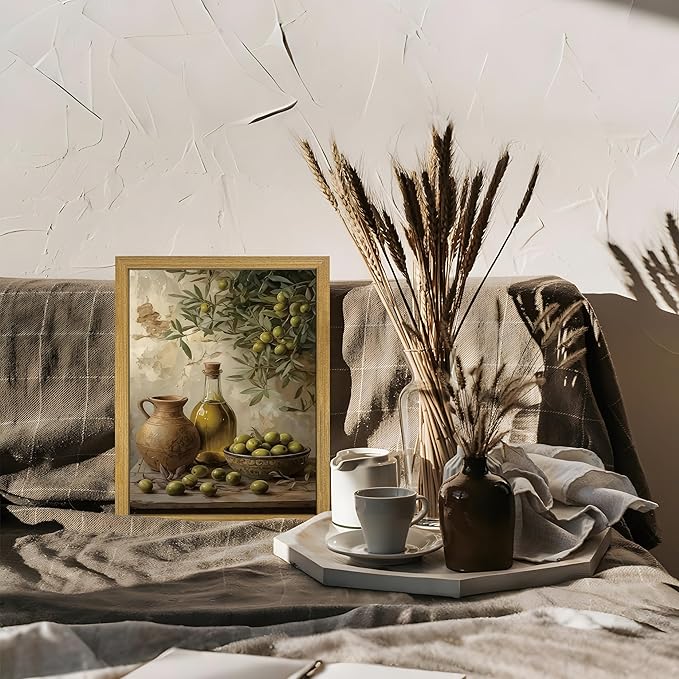 Wood Framed Olive Kitchen Wall Art, Vintage Rustic Still Life Canvas Print