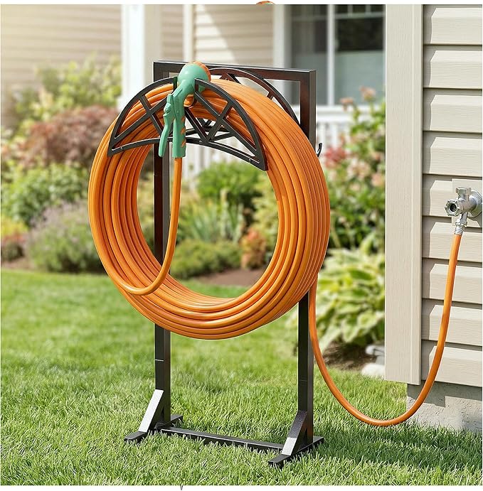 Garden Hose Holder, Heavy-Duty Water Hose Reel with Stable Base & 2 Tool Hooks, Freestanding Storage Rack for Outside, Holds 150ft â Metal Stand for Yard & Lawn