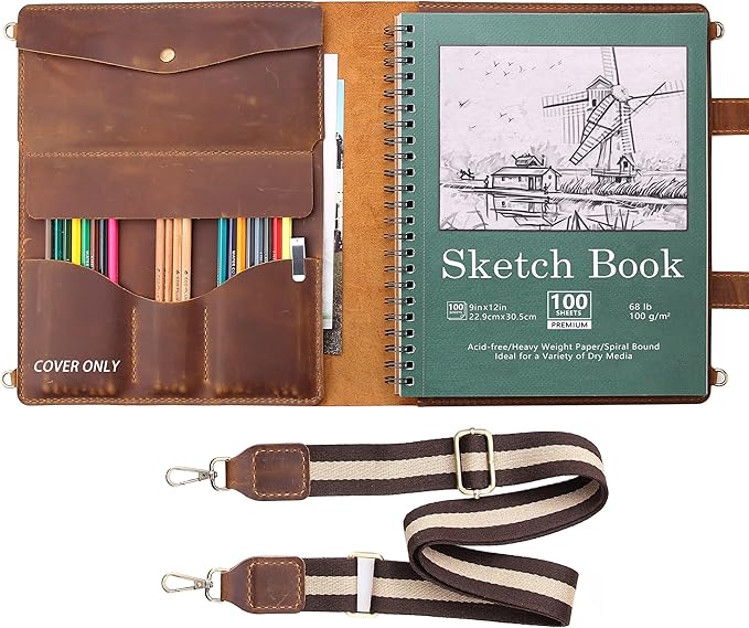Robrasim Handmade Leather Sketchbook Cover, Artist Sketch Pad Holder for 9"X12" Sketchbook, Drawing Book and Pencil Case, Journal Notebook Portfolio with Shoulder Strap, Artist Gifts, Brown