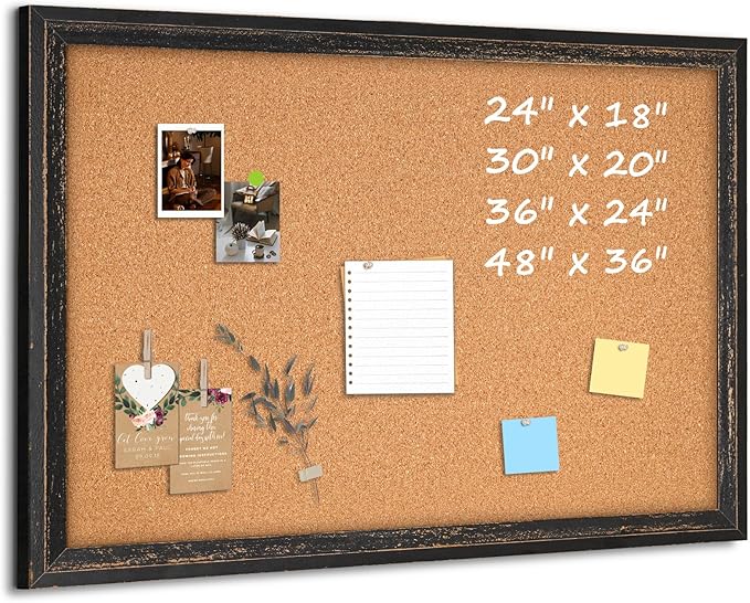 Cork Bulletin Board, Rustic Black Wooden Frame, Hanging Pin Board