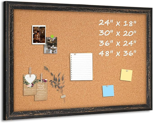 Cork Bulletin Board, Rustic Black Wooden Frame, Hanging Pin Board