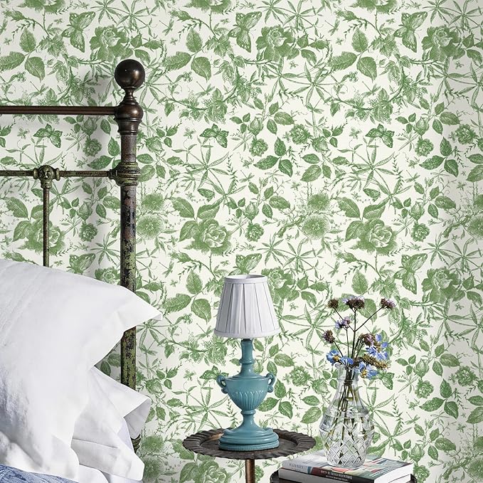 JiffDiff Floral Vintage Wallpaper Peel and Stick，Green Rose Wallpaper Removable