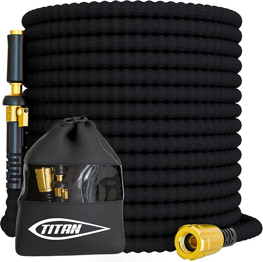 TITAN Flexible Garden Hose 25FT – Ultra Lightweight, Heavy Duty Water Hose with Brass Fittings & Jet Nozzle – Kink-Free, Non-Expanding, Durable Fabric Hose for Yard, Lawn, Car Wash, Outdoor Use