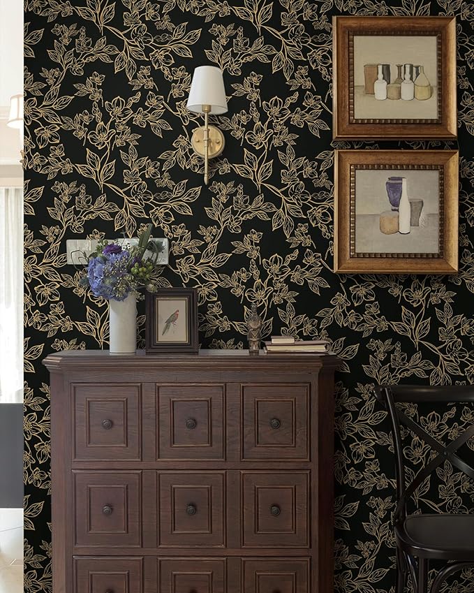 Ismoon Peel and Stick Wallpaper Black and Gold Stick on Wallpaper Dark Floral