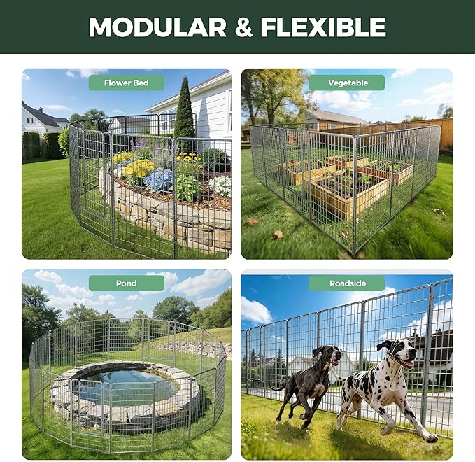 FXW Garden Fence Outdoor for the Yard – 50in(H) x 41.7ft(L) Heavy Duty Metal Animal Barrier for Dog, No Dig Decorative Dog Fence, 16 Panels, Silver